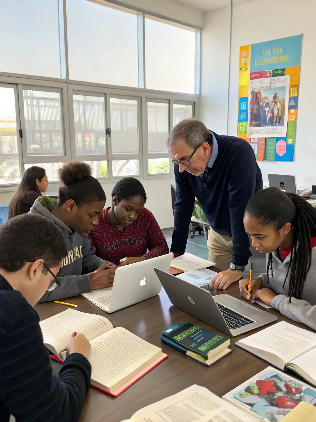 A group of international students smiling and studying together in a modern classroom at ASM Educational Center, with laptops and textbooks visible.