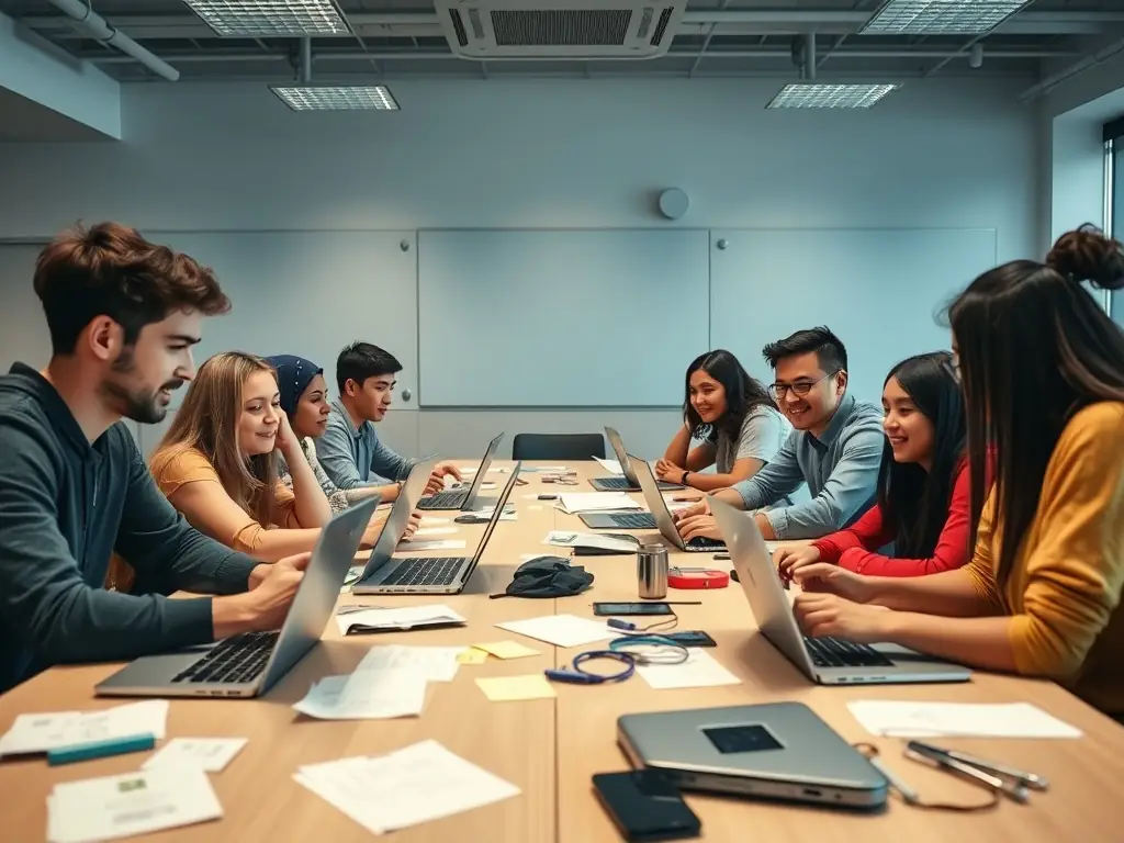 A diverse group of students collaborating on a coding project in a modern classroom setting, reflecting the collaborative and hands-on learning environment at ASM Educational Center.