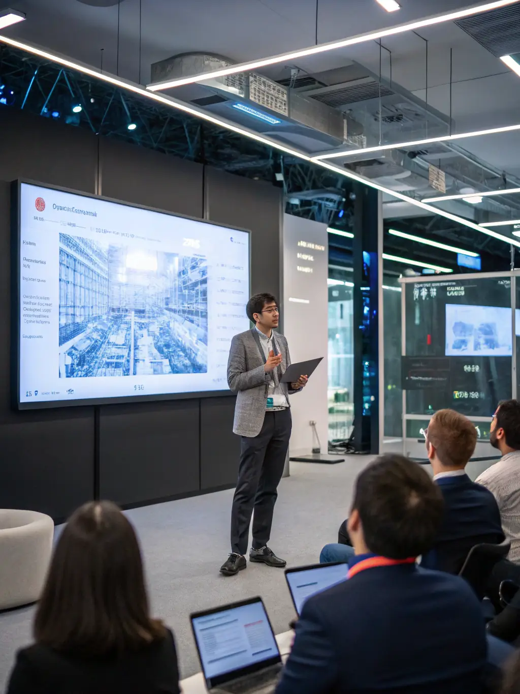An international student confidently presenting a cybersecurity project to a panel of instructors at ASM Educational Center, demonstrating their expertise and problem-solving abilities.