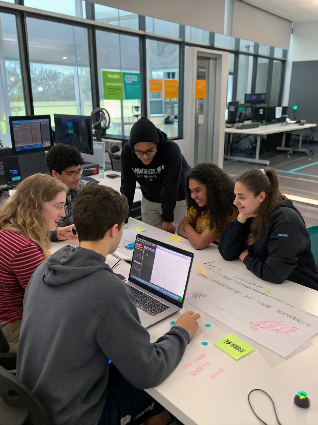 A diverse group of international students collaborating on a coding project in a modern computer lab at ASM Educational Center, showcasing teamwork and practical application of skills.