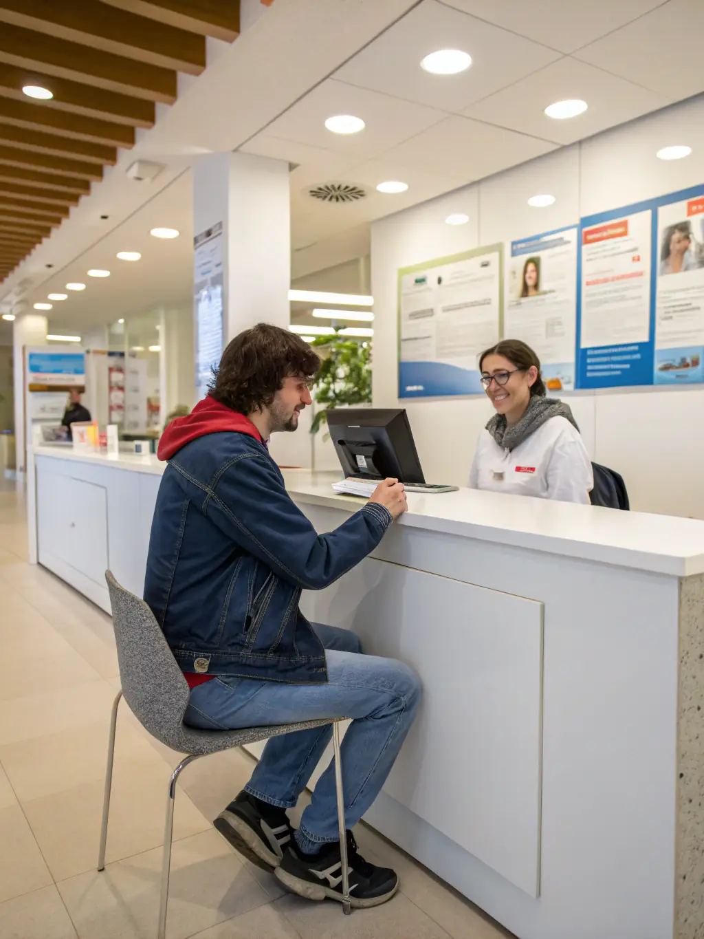 An international student receiving assistance with visa paperwork from a friendly staff member at ASM Educational Center.