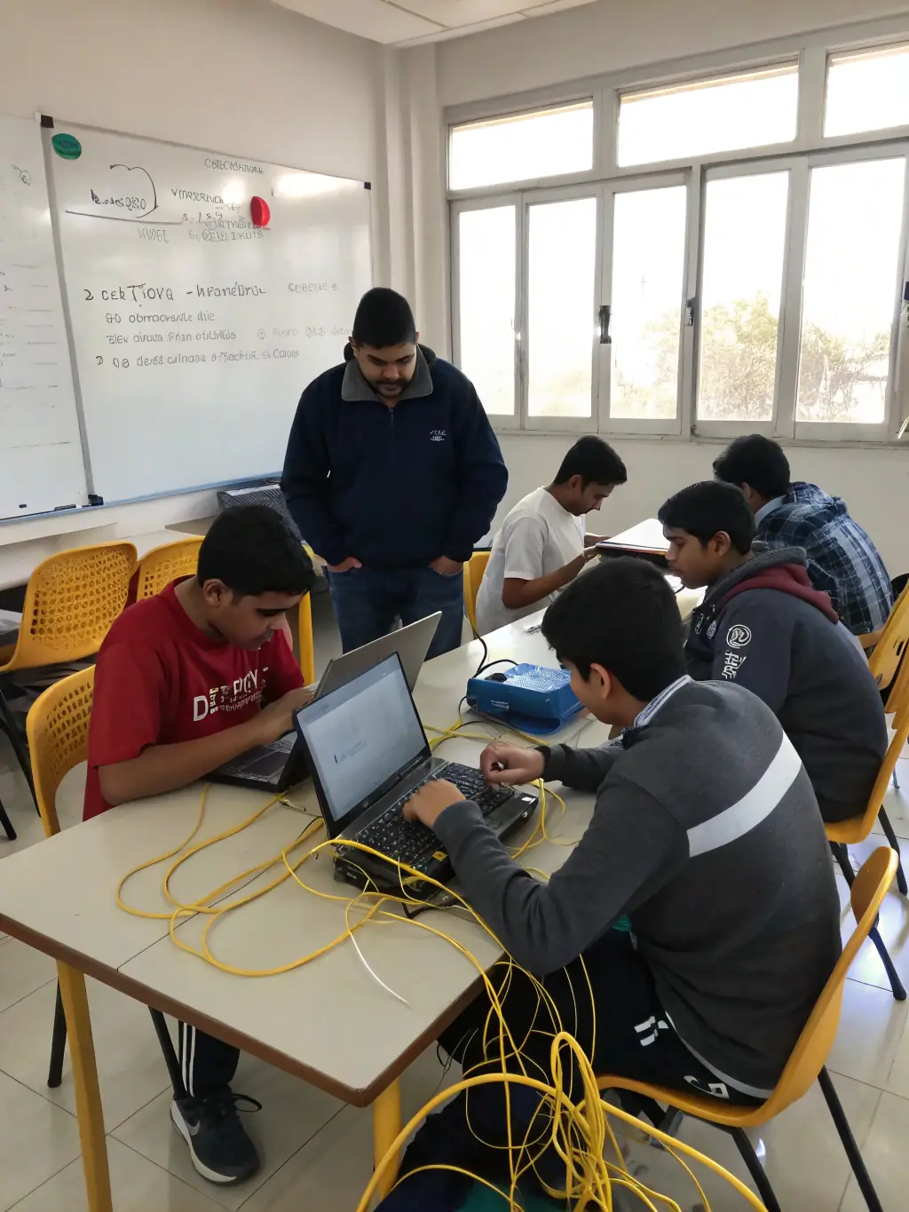A student working on network configuration in a well-equipped networking lab at ASM Educational Center, highlighting the hands-on learning environment.